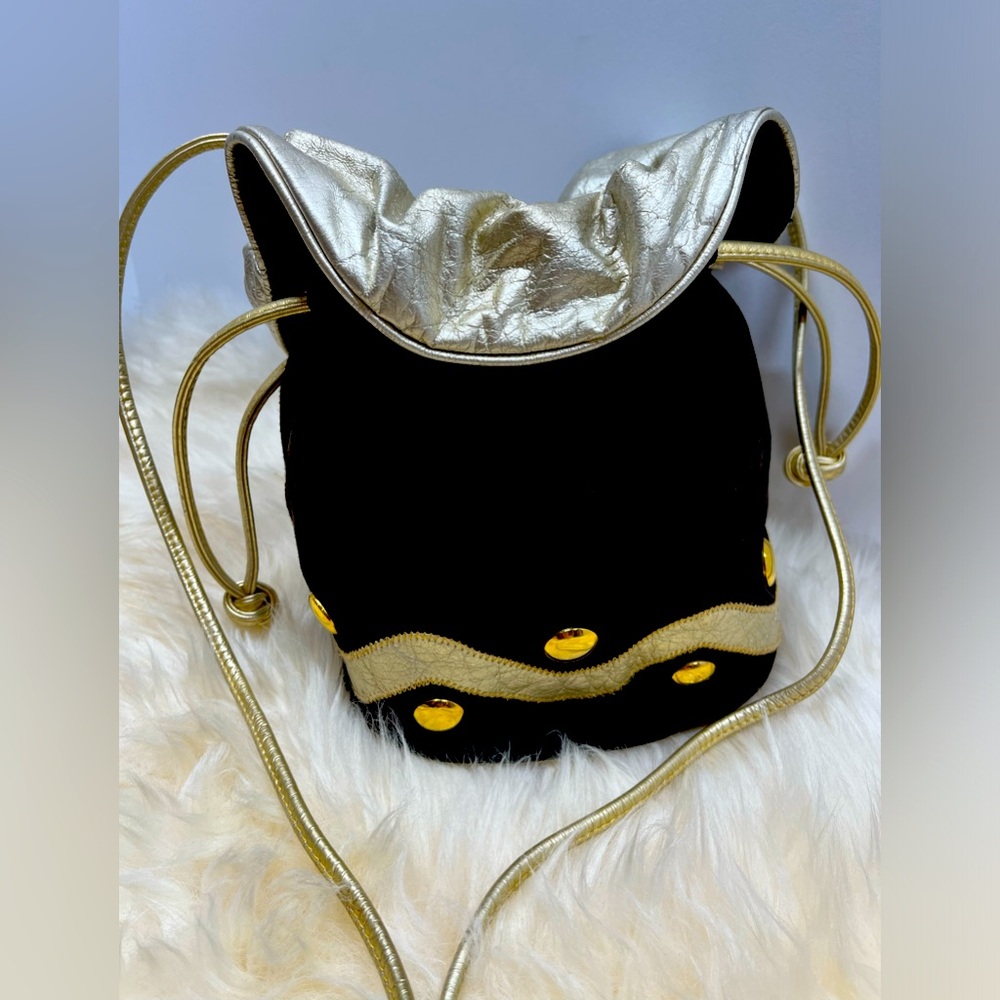Mary KaySuede and Metallic Leather Drawstring Bucket Bag with Shoulder Strap